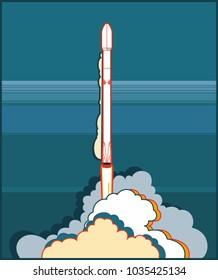 SpaceX Falcon 9 shipped by Elon Musk. Space retro art. Rocket Falcon 9 launching vector retro style illustration. Vector cartoon for web, postcard, poster, clothing print. Space ship with steam.