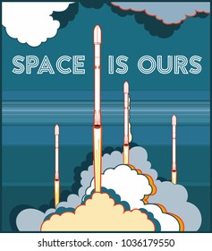 SpaceX Falcon 9 shipped by Elon Musk. Space is Ours art. Rocket Falcon 9 launching vector retro style illustration. Vector cartoon for web, postcard, poster, clothing print. Space ship with steam.