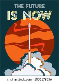 SpaceX Falcon 9 shipped Elon Musk and Mars. Future is Now art. Rocket Falcon 9 launching vector retro style illustration. Vector cartoon for web, postcard, poster, clothing print. Space ship steam.