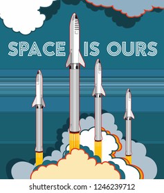 SpaceX rocket BFR Starship launching vector retro style illustration. Future is Now art. Elon Musk rocket BFR Starship. Vector cartoon SpaceX Big Falcon Rocket spaceship: web, postcard, poster, print.