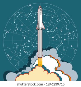 SpaceX rocket BFR Starship launching vector retro style illustration. Future is Now art. Elon Musk rocket BFR Starship. Vector cartoon SpaceX Big Falcon Rocket spaceship: web, postcard, poster, print.