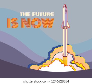 SpaceX rocket BFR Starship launching vector retro style illustration. Future is Now art. Elon Musk rocket BFR Starship. Vector cartoon SpaceX Big Falcon Rocket spaceship: web, postcard, poster, print.