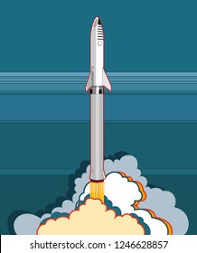 SpaceX rocket BFR Starship launching vector retro style illustration. Future is Now art. Elon Musk rocket BFR Starship. Vector cartoon SpaceX Big Falcon Rocket spaceship: web, postcard, poster, print.