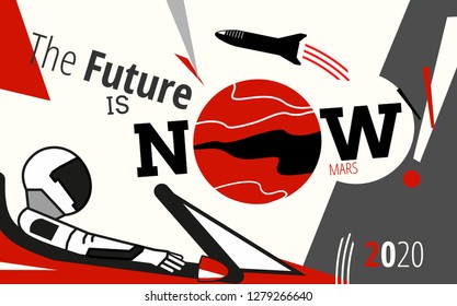 SpaceX Rocket BFR Starship And Mars Vector Retro Style Illustration. Future Is Now Art. Elon Musk Starman In Space Suit On Tesla Roadster. Vector Cartoon SpaceX Big Falcon Spaceship: Web, Card, Poster