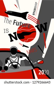 SpaceX rocket BFR Starship and Mars vector retro style illustration. Future is Now art. Elon Musk Starman in space suit on Tesla Roadster. Vector cartoon SpaceX Big Falcon spaceship: web, card, poster