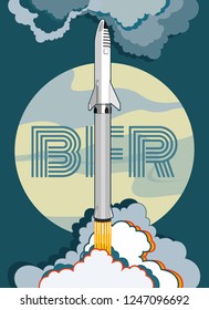 SpaceX rocket BFR Starship and Moon vector retro style illustration. Future is Now art. Elon Musk rocket BFR Starship. Vector cartoon SpaceX Big Falcon Rocket spaceship: web, postcard, poster, print.