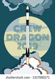 SpaceX rocket Falcon 9, Crew Dragon space craft and full Moon. 2019 March, 2 rocket launching by Elon Musk. Vector poster spaceship. Spaceship isolated cartoon art, vector retro style illustration.