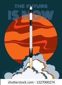 SpaceX rocket Falcon 9, Crew Dragon space craft and Mars. 2019 March, 2 rocket launching by Elon Musk. Vector poster spaceship. Future is Now, spaceship cartoon art, vector retro style illustration.