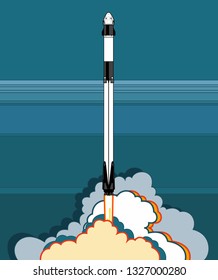 SpaceX rocket Falcon 9, Crew Dragon space craft with steam. 2019 March, 2 rocket launching by Elon Musk. Vector poster spaceship. Spaceship isolated cartoon art, vector retro style illustration poster