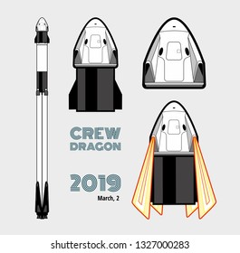 SpaceX rocket Falcon 9, Crew Dragon space craft isolated set. 2019 March, 2 rocket launching by Elon Musk. Vector poster spaceship. Spaceship isolated cartoon art, vector retro style illustration.