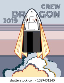 SpaceX rocket Falcon 9, Crew Dragon space craft with steam. 2019 March, 2 rocket launching by Elon Musk. Vector poster spaceship. Spaceship isolated cartoon art, vector retro style illustration poster