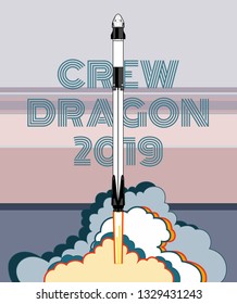 SpaceX rocket Falcon 9, Crew Dragon space craft with steam. 2019 March, 2 rocket launching by Elon Musk. Vector poster spaceship. Spaceship isolated cartoon art, vector retro style illustration poster