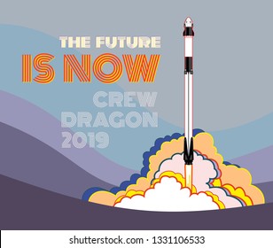 SpaceX rocket Falcon 9, Crew Dragon space craft. 2019 March, 2 rocket launching by Elon Musk. Vector poster spaceship. Future is Now, spaceship cartoon art, vector retro style illustration.