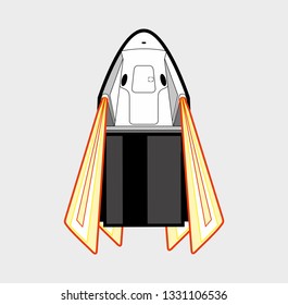 SpaceX space craft, Crew Dragon 2019. Vector rocket Falcon 9 launching by Elon Musk. Vector retro style illustration. Cartoon for web, postcard, poster, clothing print. Isolated space ship with flame.