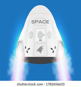 SpaceX space craft, Crew Dragon 2019. Vector rocket Falcon 9 . Vector illustration. Cartoon for web, postcard, poster, clothing print. Isolated space ship with flame.