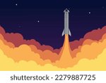 SpaceX starship launch vector illustration, starting space rocket with smoke clouds on dark night sky background.