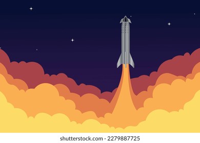 SpaceX starship launch vector illustration, starting space rocket with smoke clouds on dark night sky background.