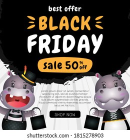 spacial discount black friday banner with cute hippo illustration