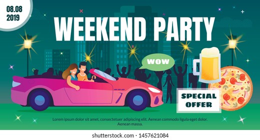 Spacial Offer on Drinks and Food for Weekend Party in Bar, Pub or Nightclub Flat Vector Advertising Banner, Poster Template. Happy Smiling Couple Going in Cabriolet on Night City Street Illustration