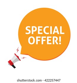 Spacial offer vector illustration isolated on white background, flat megaphone promoting special offer on orange speech bubble, cartoon advertising design
