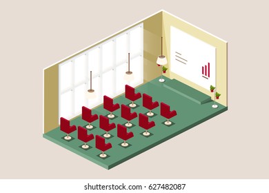 Spacious hall for public performances in isometric view,conference hall with several rows of chairs, interactive whiteboard,podium for speeches.vector illustration