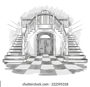 spacious hall and staircase drawing, vector illustration