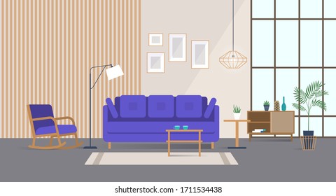 Spacious home interior with stylish comfy furniture. Home decor in flat style illustration