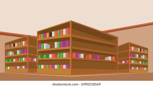 A spacious library has many books on its three bookshelves
