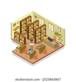 Espaçosa sala de biblioteca isométrica no fundo