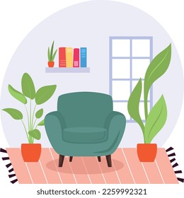 Spacious living room concept, Armchair and potted plant wall window vector color icon design, Green Office symbol, Eco Friendly Workspace sign,Modern interior design elements stock illustration