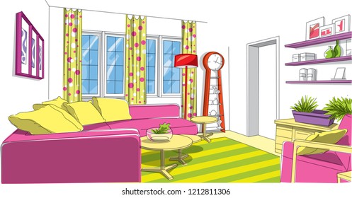 Spacious living room in dark pink and peanut green colors with modern accessories 