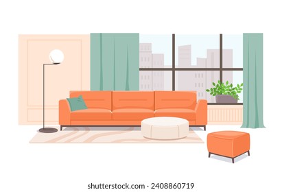 Spacious living room with upholstered furniture, with large panoramic windows overlooking city's high-rise buildings. Vector illustration of luxury room with three-seater orange sofa, lamp, ottoman.