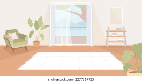 Spacious living room with yoga blanket flat color vector illustration. Spare room for meditation. Fully editable 2D simple cartoon interior with patio doors and beige pastel walls on background