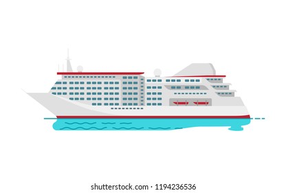 Spacious luxury cruise liner big red steamer on water surface isolated on white background. Seagoing ships vector illustrations in flat style