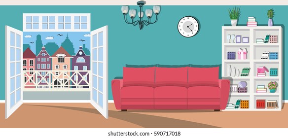 Spacious modern living room with comfortable furniture. Cozy wide balcony with a beautiful view of the city. Flat style vector illustration.