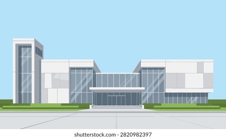 Spacious modern office building with large glass windows and clean architecture represents corporate workspace design.