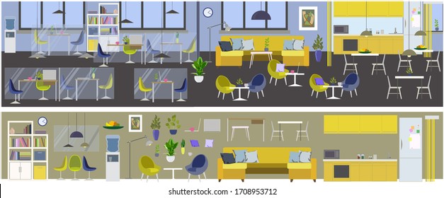 
Spacious office with open space, a lounge area and a kitchen for workers. In rich colors with the ability to change the interior