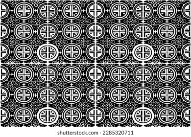 Spacious panoramic pattern with abstract geometric shapes. Different ornaments on a black background. Composition for textile design, web design, cards.