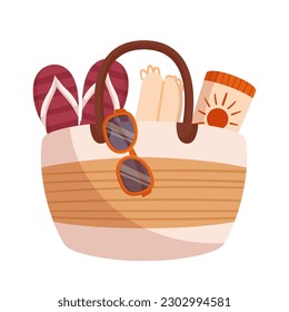 La Bolsa De Playa Es Amplia, Práctica Y Elegante. Accesorio para Llevar Toallas, Pantalla De Sol, Zapatillas, Gafas De Sol, Aperitivos Y Todo Lo Esencial Para Un Día Divertido En La Playa. Ilustración del vector de dibujos animados