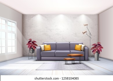 Spacious room interior with sofa floor lamps and decorative purplish tones colored leaves plants realistic vector illustration