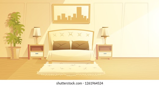 Spacious, sunny bedroom interior cartoon vector with fur carpet on floor, comfortable double bed, elegant lamps on cabinets, photo or painting in flame on wall and big plant in flowerpot illustration