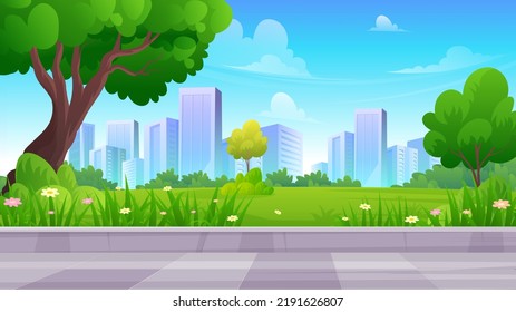 Spacious terrace urban garden, with green lawn, trees and skyscraper buildings under the blue sky, beautiful City park Scenery landscape