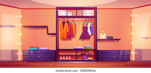 Spacious walk-in closet or dressing room full of male and female clothes. Dresses hang on hangers, bags and boxes with footwear on wardrobe shelves and illuminated mirrors cartoon vector illustration - Shutterstock ID 1983298154