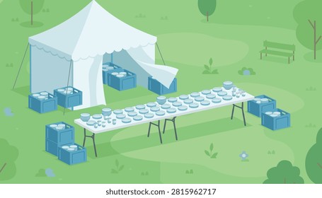 Spacious white canopy tent in a park with long banquet tables and blue storage crates filled with matching ceramic dinnerware sets.