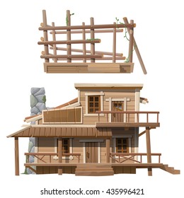 Spacious wooden house in the style of the wild West. Vector.