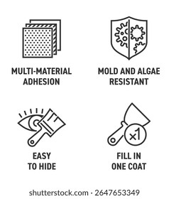 Spackling ou outro conjunto de ícones de propriedades de material adesivo - adesão multi-material, molde e algas resistentes, Fácil de esconder, Preencha um casaco. Pictogramas para rotulagem em negrito