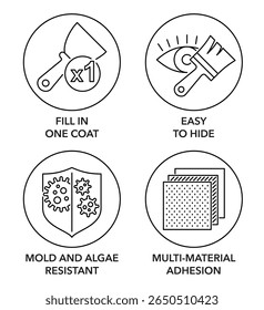 Spackling ou outro conjunto de ícones de propriedades de material adesivo - adesão multi-material, molde e algas resistentes, Fácil de esconder, Preencha um casaco. Pictogramas para rotulagem em linha fina e em forma de círculo