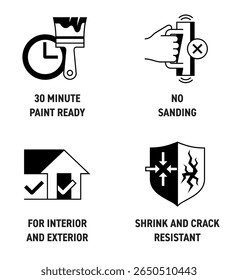 Spackling ou outros ícones de propriedades de material adesivo definido - 30 minutos de tinta pronta, Sem lixamento, Para Interior e Exterior, Encolher e Resistente a rachaduras. Pictogramas de rotulagem monocromática