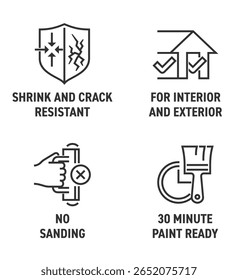 Spackling ou outros ícones de propriedades de material adesivo definido - 30 minutos de tinta pronta, Sem lixamento, Para Interior e Exterior, Encolher e Resistente a rachaduras. Pictogramas para rotulagem em negrito