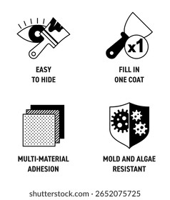 Spackling ou outro conjunto de ícones de propriedades de material adesivo - adesão multi-material, molde e algas resistentes, Fácil de esconder, Preencha um casaco. Pictogramas para rotulagem em linha fina e em forma de círculo